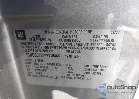 2009 Chevrolet Trailblazer Lt из США, поврежденный, VIN 1GNDS33S392110446